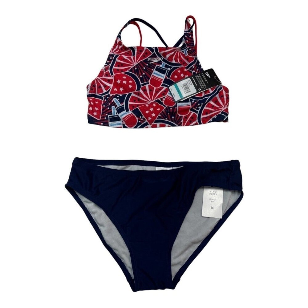 Speedo Bikini Red Blue Watermelon Print USA UPF 50 Swimsuit Size 16 Vacation
